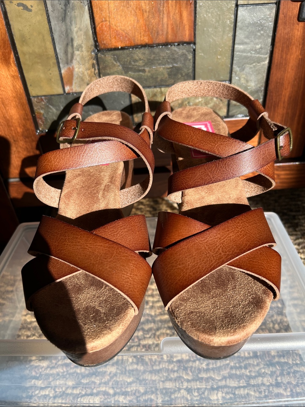 POP Canyon Wedge Brown Leather-Look Crossover Strap Sandals - Picture 6 of 8